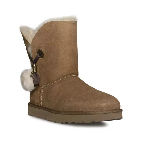 UGG Irina Tessie Pom Pom Boot Womens 7 Chestnut Crystal Detail Suede 1138130 - Picture 2 of 5